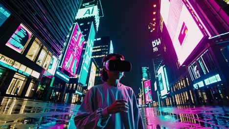 밤에는 미래의 도시에서 vr 헤드을 착용하는 사람