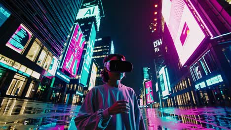 person wearing vr headset in a futuristic city at night