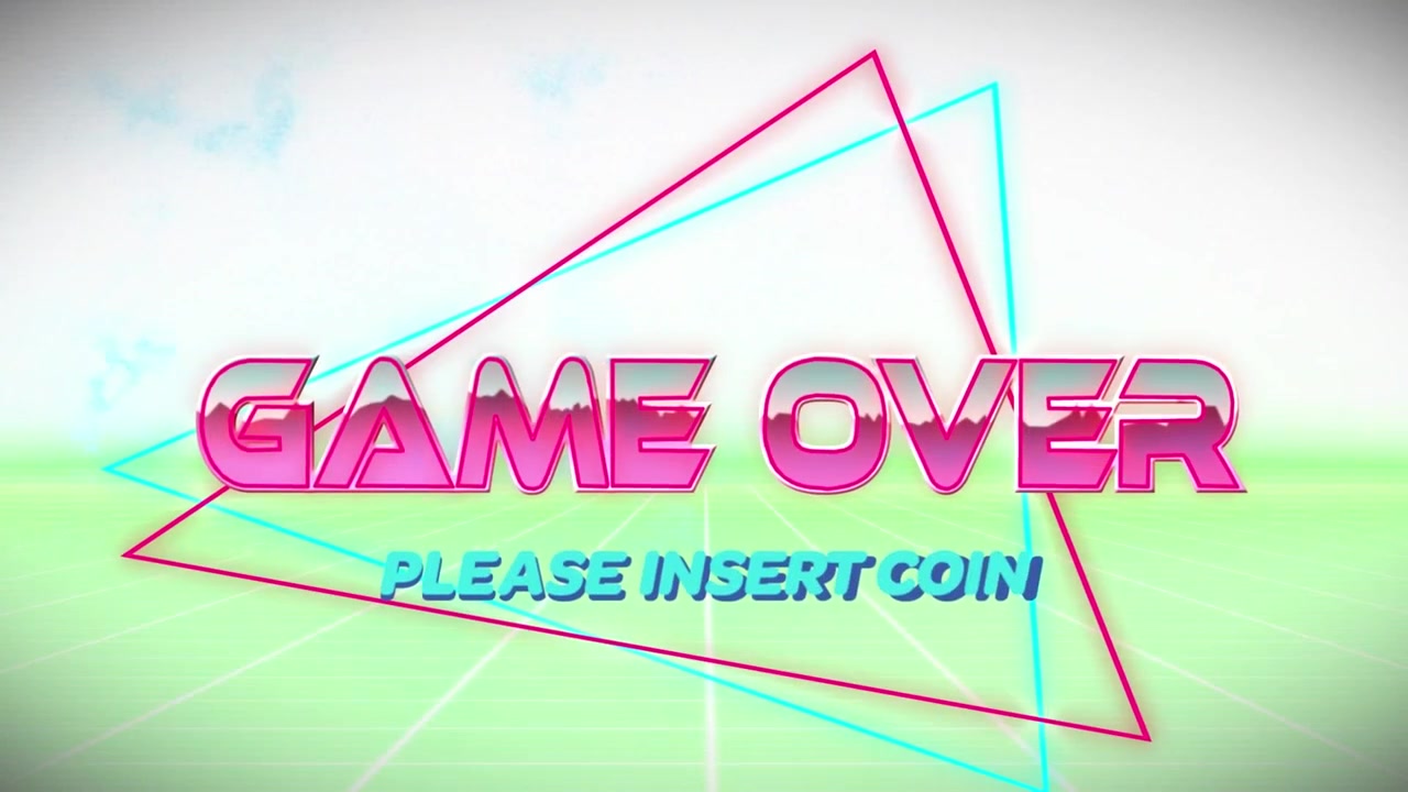 Animazione della scritta "Game Over" in rosa metallizzato su triangoli al neon e una griglia del metaverso