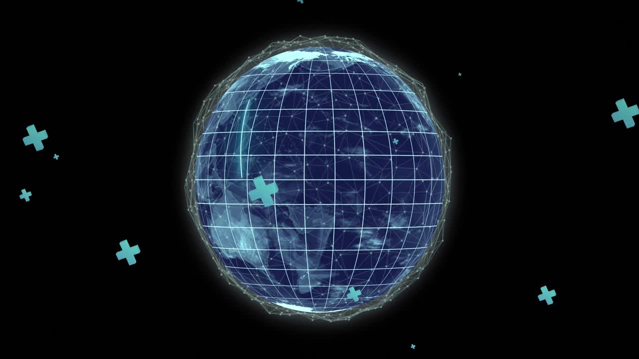 검은색 배경에 연결 네트워크와 함께 지구상에 떨어지는 파란색 십자가의 애니메이션