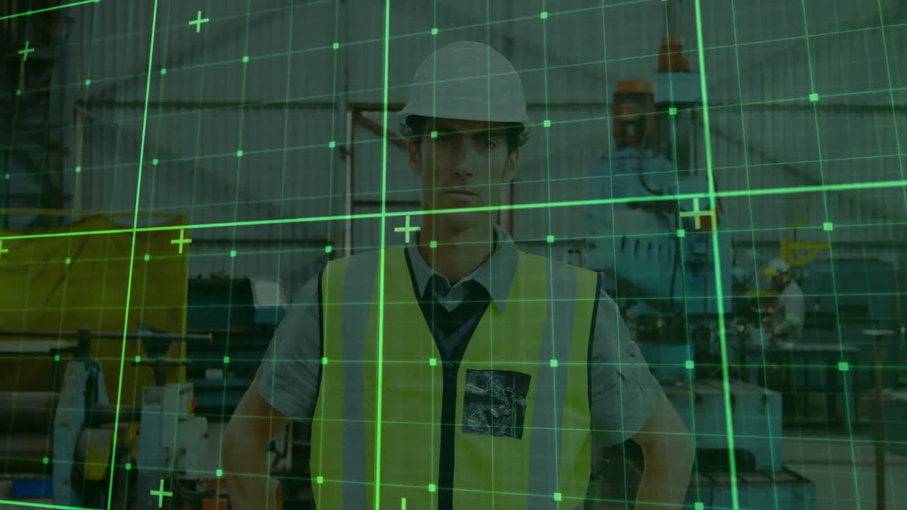 Engineer monitoring machine in factory wearing hard hat, safety vest, projecting green digital grid