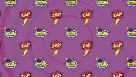 animation of zap and boom texts with icons over circles on purple background