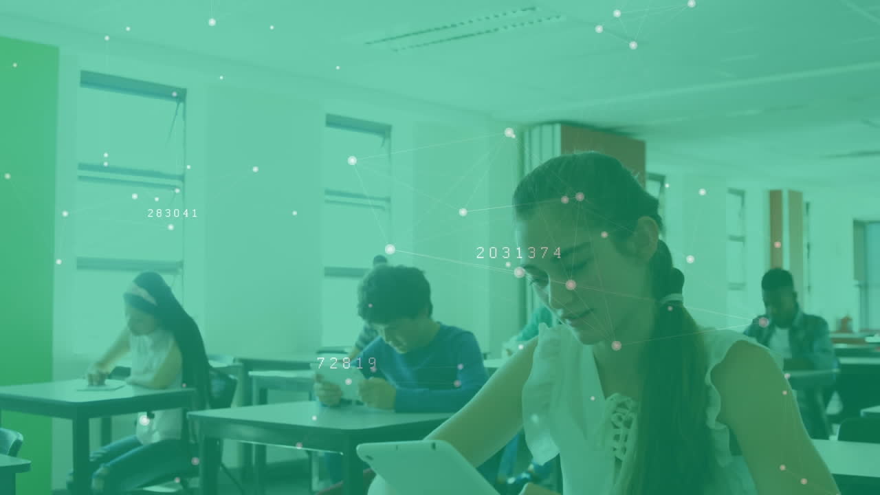 animación del procesamiento de datos en diversos estudiantes que utilizan tabletas