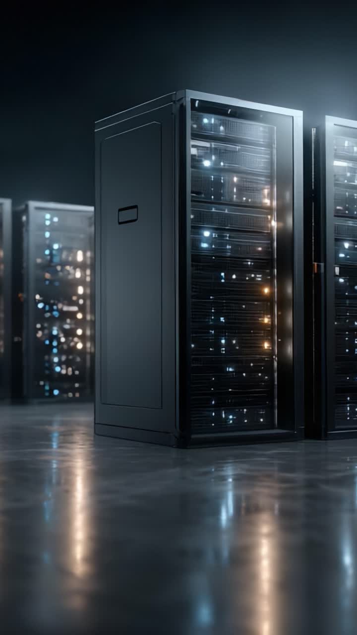 Una vista affascinante delle moderne soluzioni di archiviazione dati: eleganti server rack con tecnologia avanzata che illuminano un ambiente buio