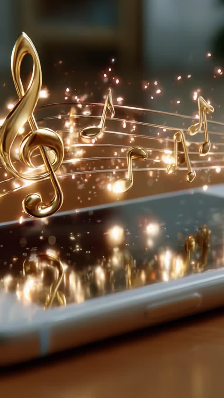 Golden Musical Notes Emanating from a Smartphone: A Captivating Visual Representation of Music, Sound, and Harmony, Enveloping the Device in a Sparkling Aura of Creativity and Inspiration