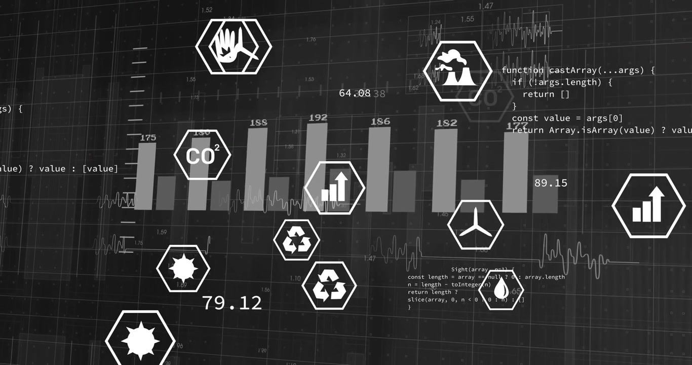 Dashboard a griglia scura che avvia barre scorrevoli, icone in movimento ed etichette che si aggiornano, mostrando il monitoraggio dei dati.
