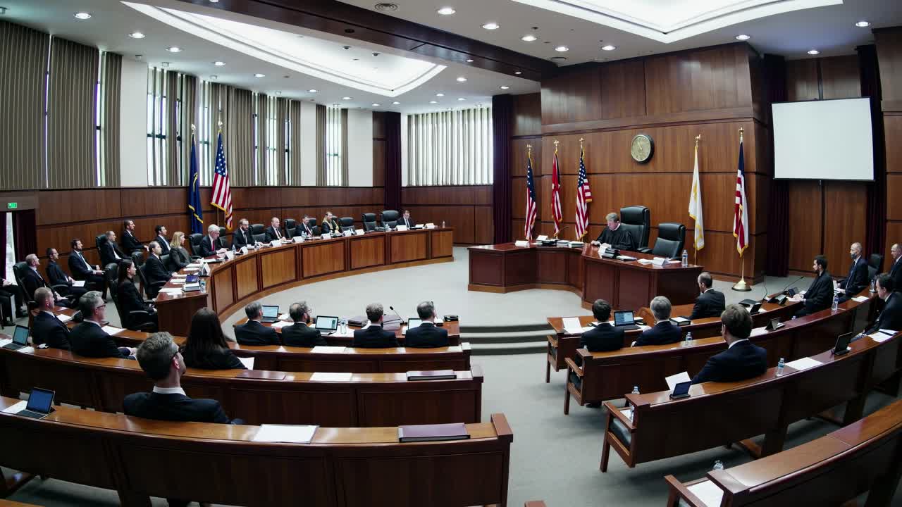 Wide-angle video of a formal courtroom setting, capturing a panoramic view of judges and attorneys