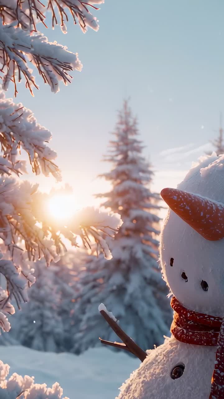Vertical video: Rising sun casting warm glow on snowman with red scarf by pine bough, copy space