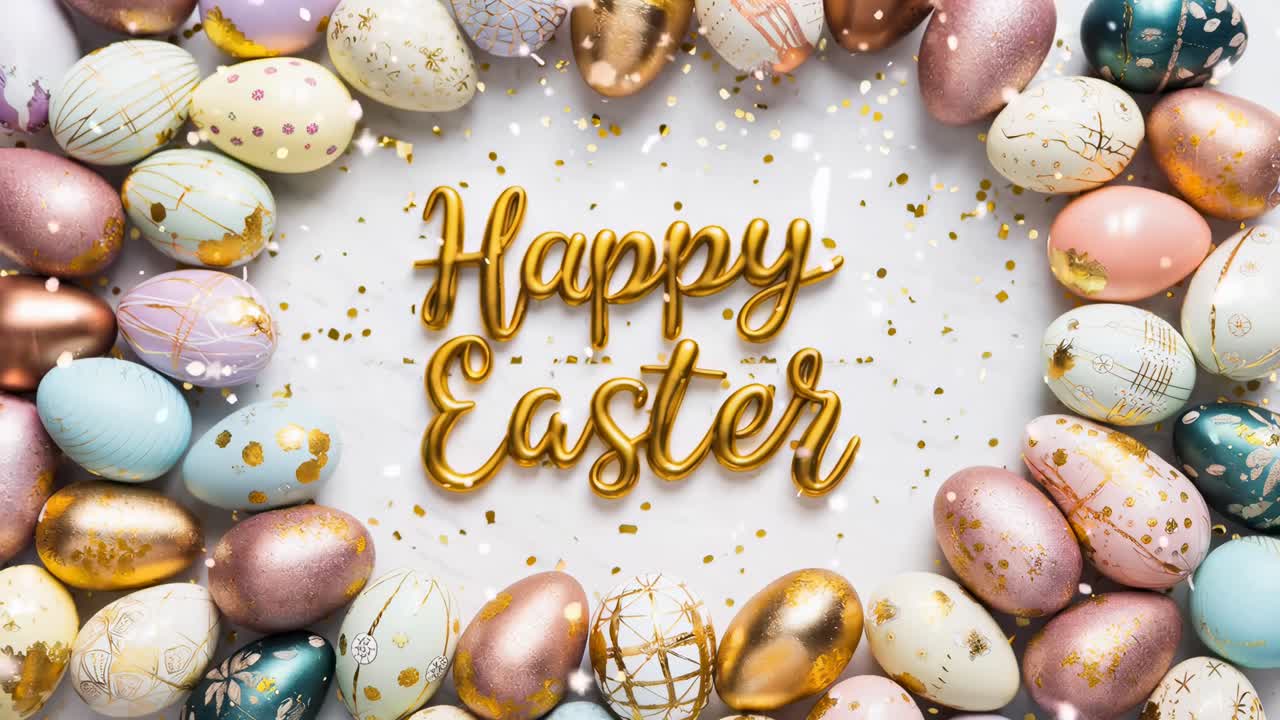 Top-down view of colorful Easter eggs forming a circle with 'Happy Easter' text, perfect for festive