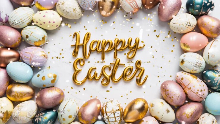 Top-down view of colorful Easter eggs forming a circle with 'Happy Easter' text, perfect for festive