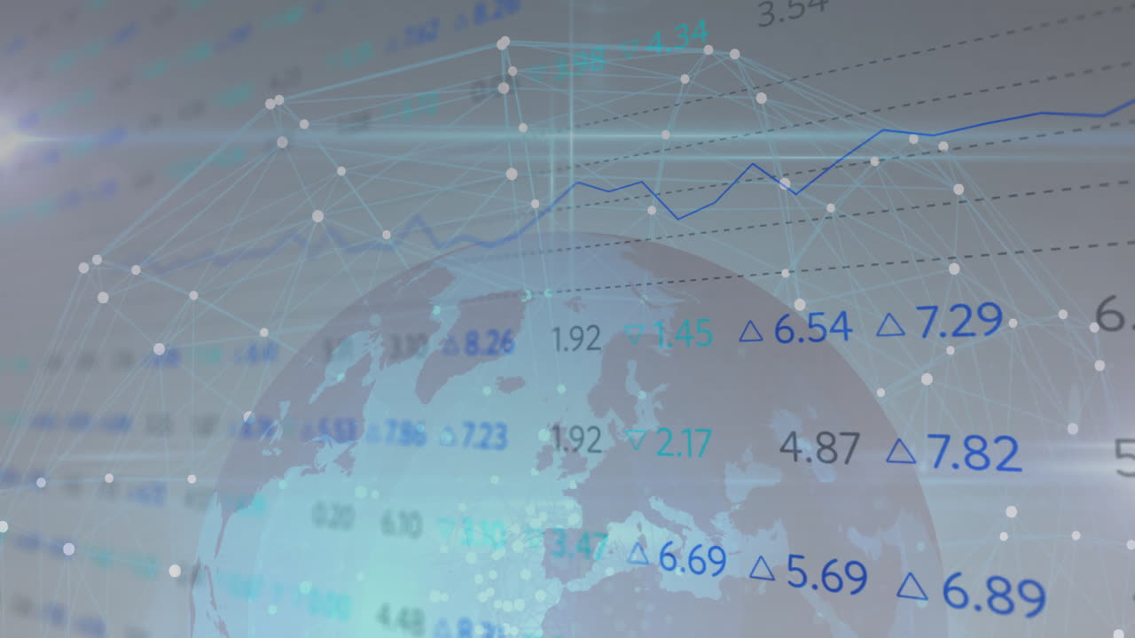 Küre ve ağ bağlantıları üzerinde finansal veriler ve borsa trendleri animasyonu.