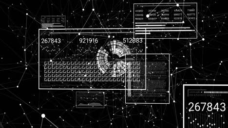 animation of network of connections and data processing over globe on black background