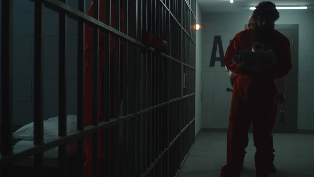 el carcelero lleva al criminal con el uniforme naranja a la celda de la prisión.