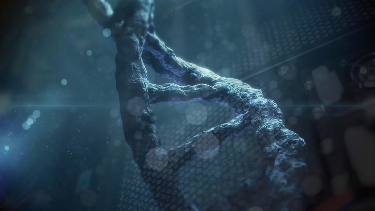 Animazione di un filamento di DNA che ruota e di elaborazione dati medici.