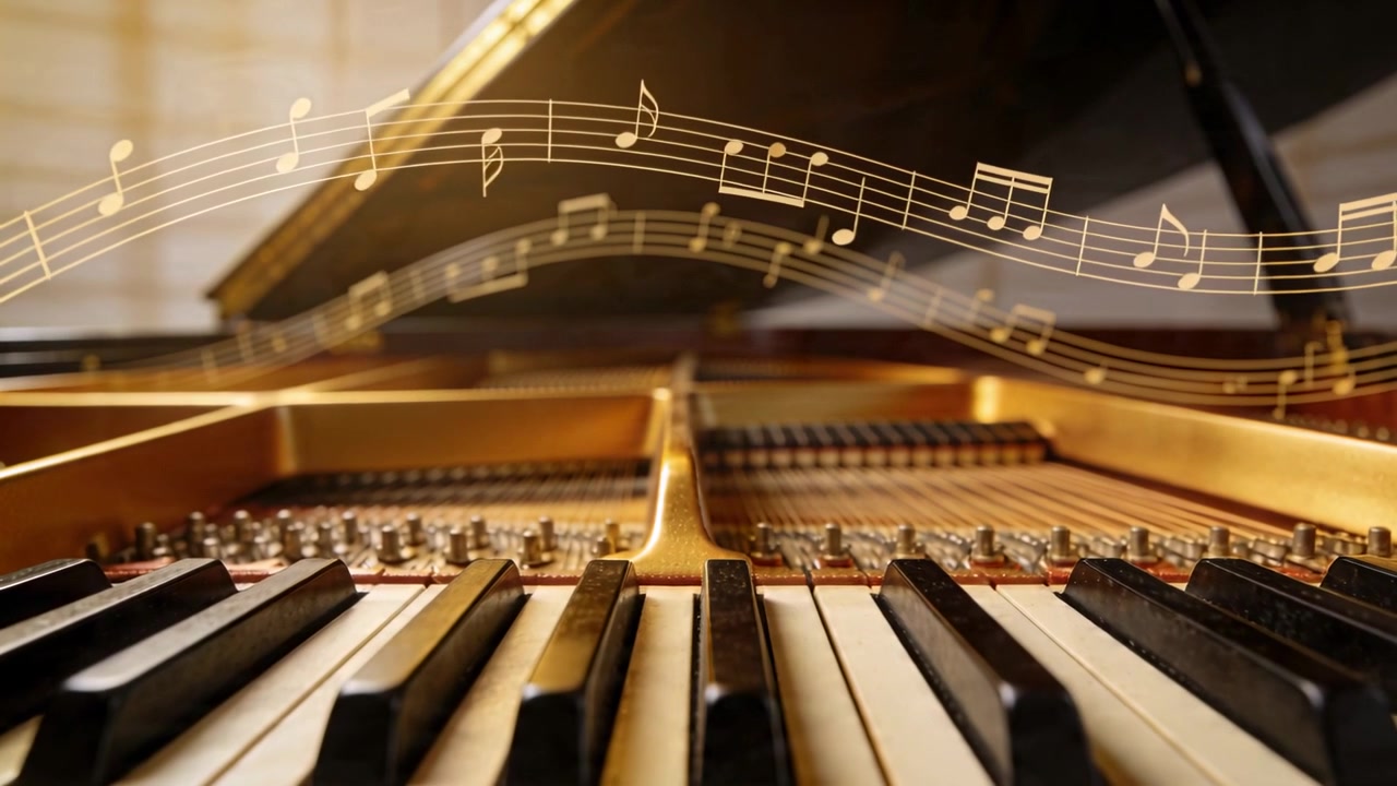 Pentagramma animato che fluttua, entrando da sinistra e ondeggiando sulla tastiera di un pianoforte a coda in studio, mostrando la melodia.