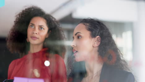 planning, strategy and business women on glass