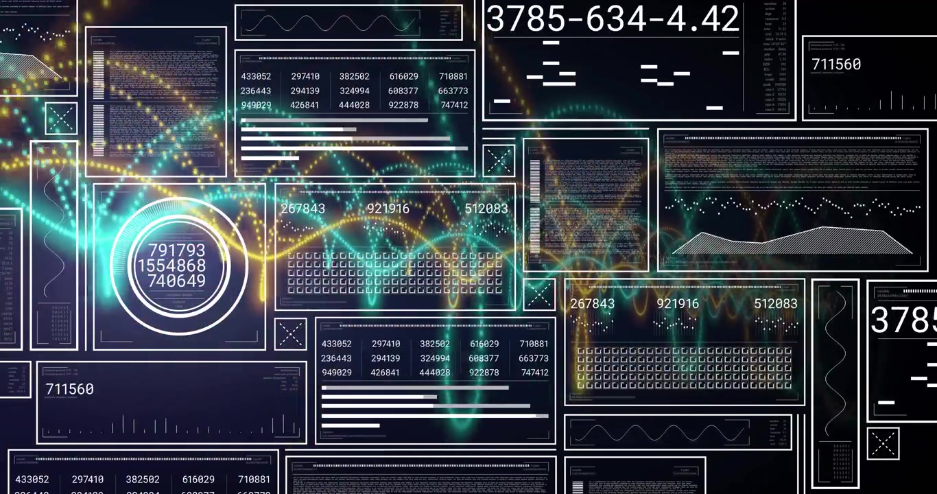 Brightening scene starting particles swirling waveforms weaving gauge updating values monitoring