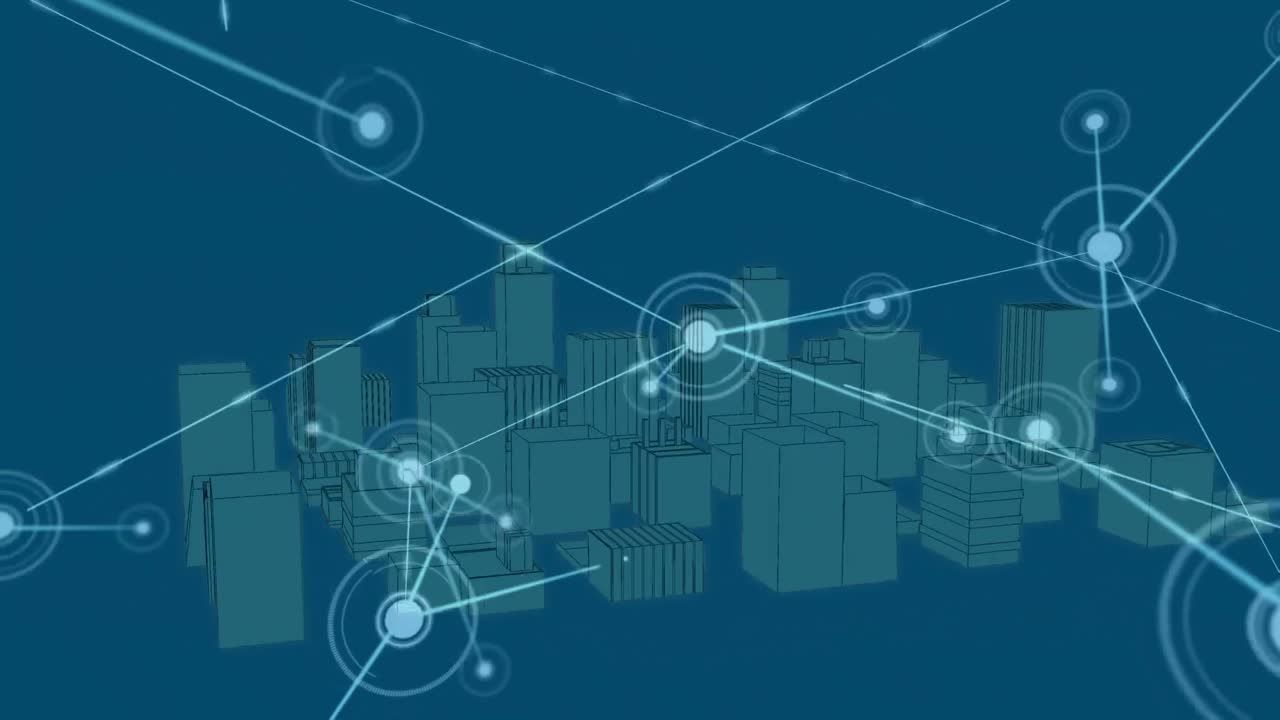Animation of connected dots and 3d model of modern cityscape over blue background