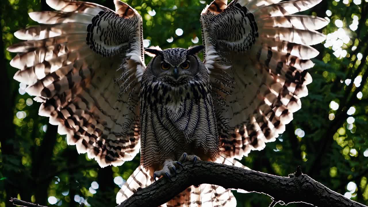 A close-up video captures an owl with wings spread on a branch, shot from a low angle