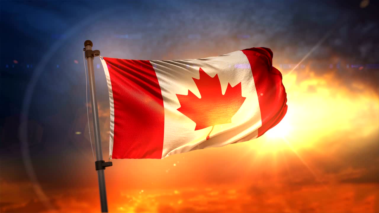 la bandera de canadá retroiluminada en un hermoso ciclo de amanecer en cámara lenta 4k