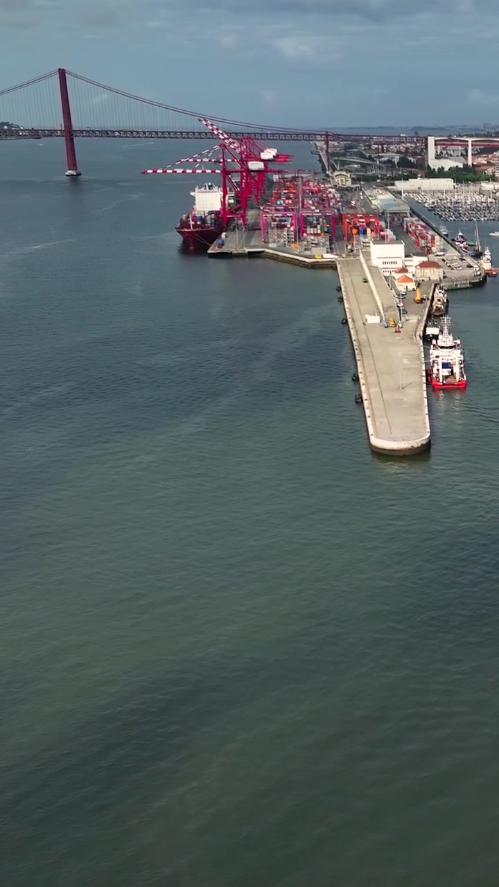 Una nave portacontainer arriva al terminale di Lisbona, dove i container vengono caricati e scaricati. Il molo è affollato di attività mentre le merci vengono trasportate per il commercio globale