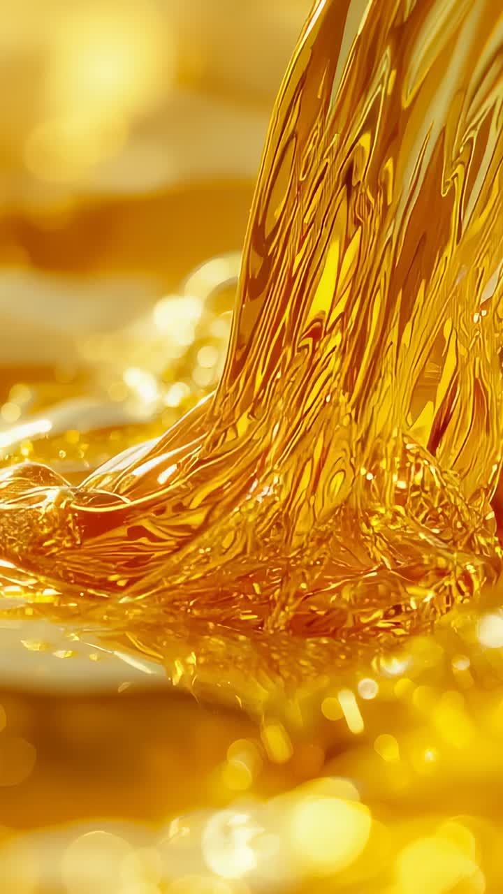 Vertical video: Pouring off-frame spout sending honey into shallow pool, making ripples and bokeh