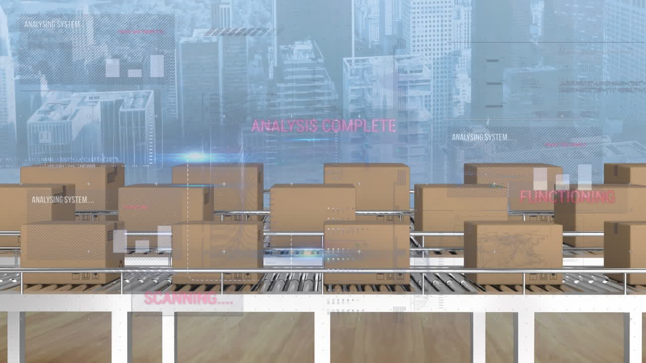 컨베이어 벨트에 있는 카드보드 상자 위에서 통계 처리의 애니메이션