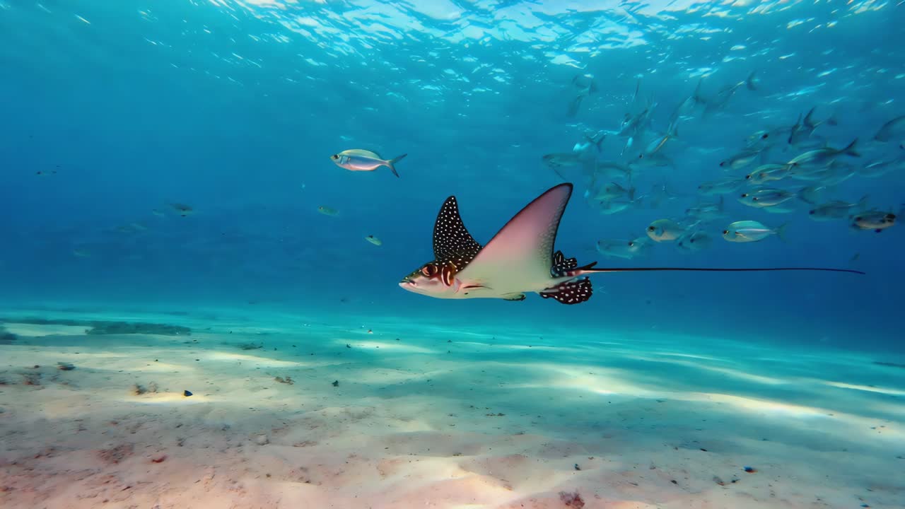 Spotted Eagle Ray Gliding in Clear Blue Ocean Waters with Schools of Fish