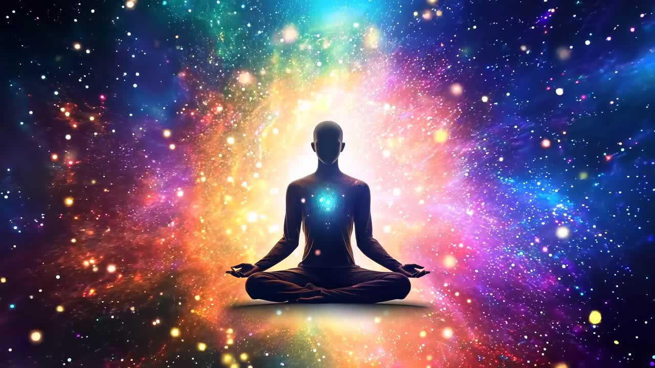 A mystical video concept showing a silhouette meditating, surrounded by colorful orbs