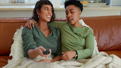 tv, remote and lesbian couple on a sofa