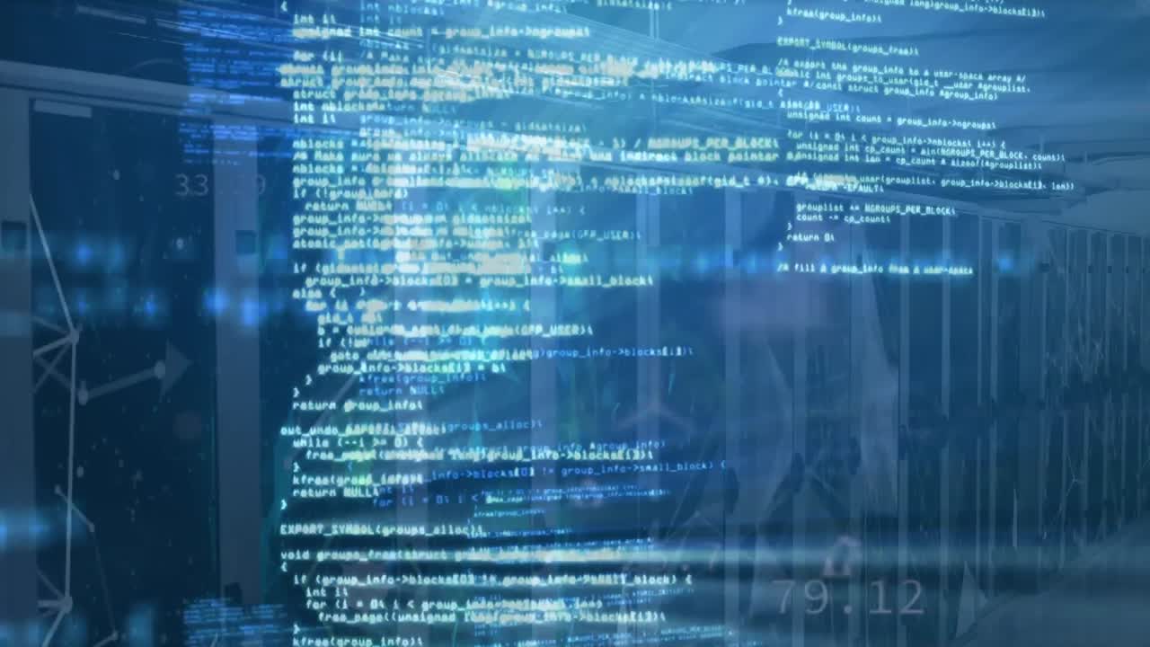 animación del lenguaje informático sobre el icono en hexágonos y puntos conectados contra la sala del servidor