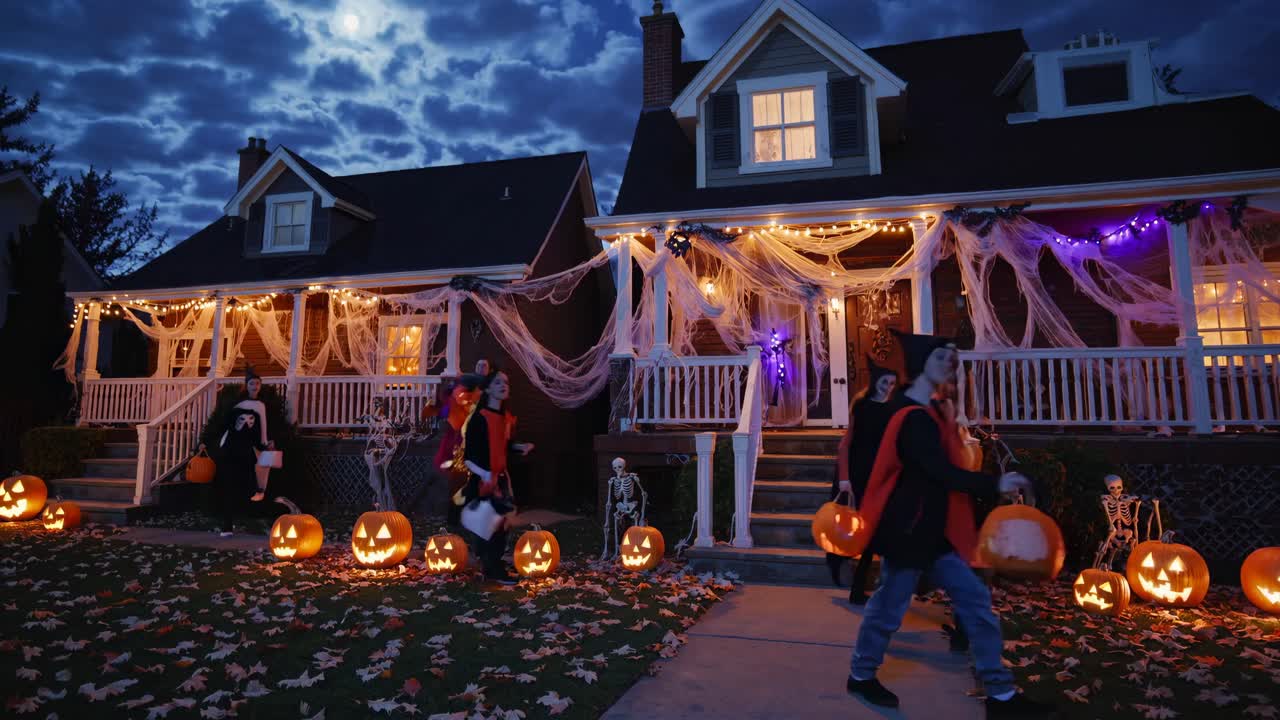 Wide-angle shot of Halloween-decorated houses with jack-o'-lanterns and costumed people