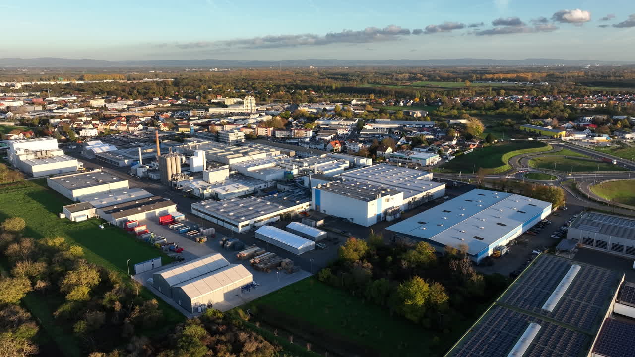 Warehouse And Fabrication Buildings Of Renolit SE, Headquarters In Worms, Germany At Golden Hour