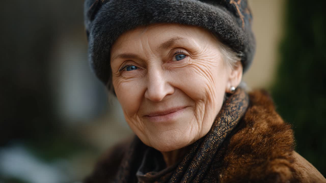 Un sorriso caloroso: Un'anziana signora con un cappello accogliente irradia gioia e saggezza, abbracciando la bellezza della vita in un sereno ambiente all'aperto