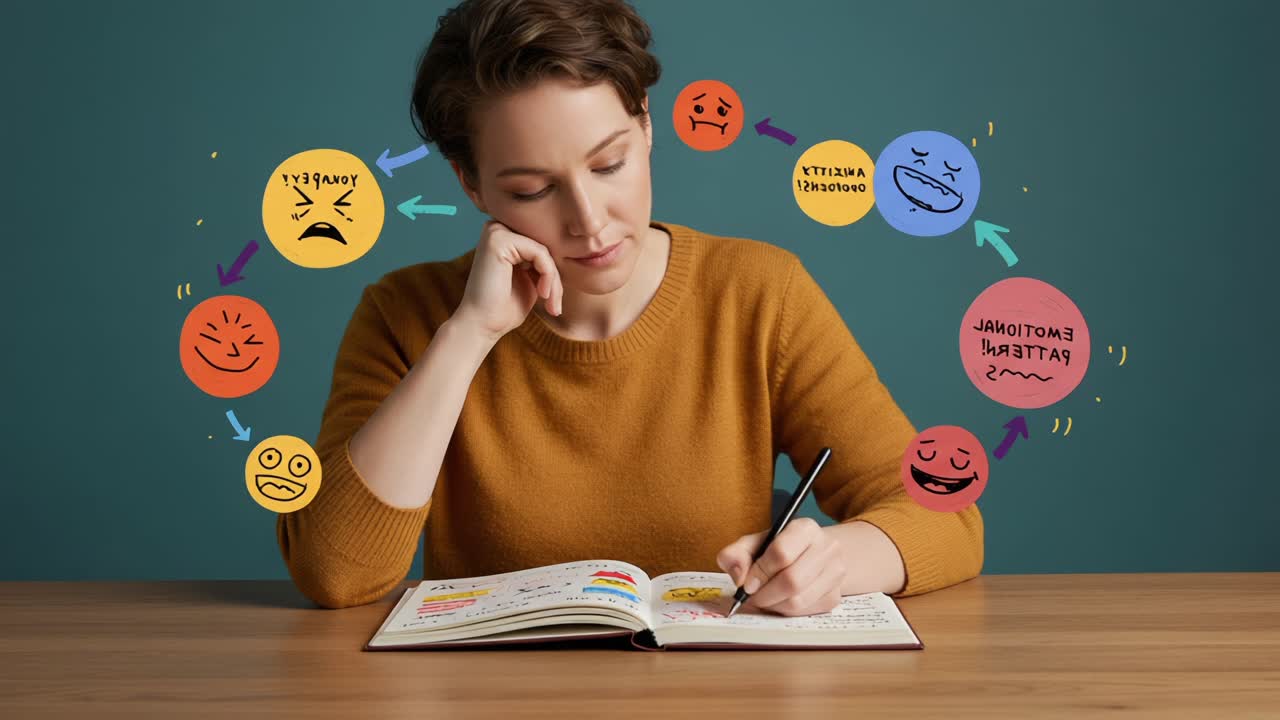 A person engaged in emotional journaling, illustrating a variety of emotions through expressive doodles and a reflective writing process, capturing self-awareness and mindfulness