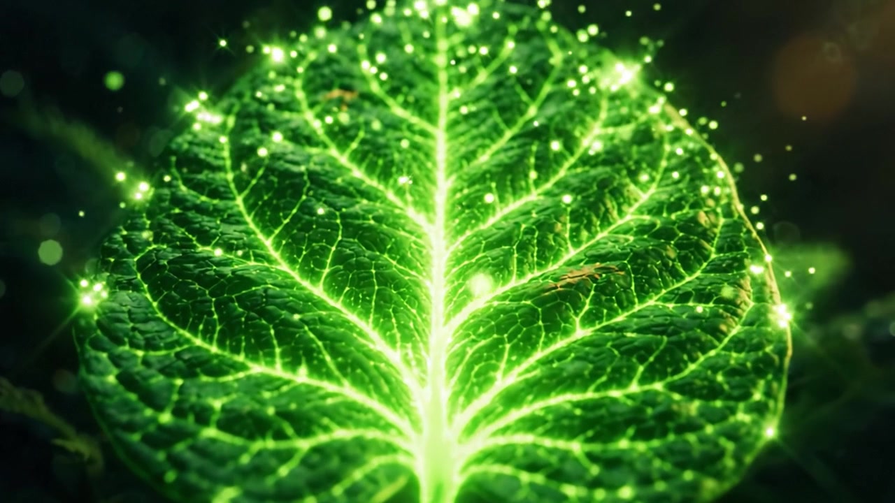 Incantevole Bagliore della Natura: Uno Sguardo ai Complessi Motivi di una Foglia che Irradia Bellezza Bioluminescente, Circondata da una Luce Verde Eterea
