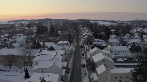 Descending-aerial-on-small-old-town-in-United-States