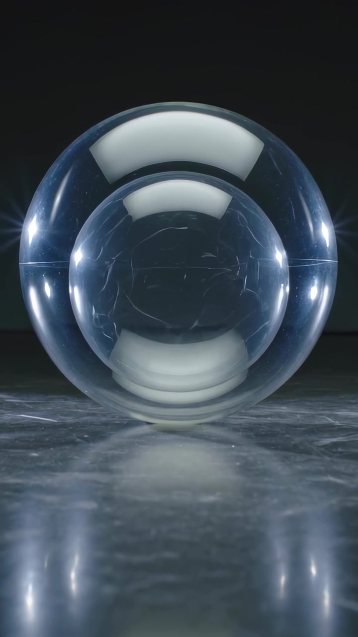 Video verticale: Luci di scena in movimento che illuminano una sfera di vetro rivelando le venature interne su un tavolo a specchio per studio.