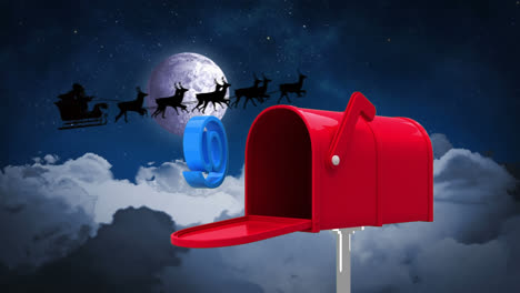at the rate sign coming put of red mailbox against santa claus in sleigh being pulled by reindeers