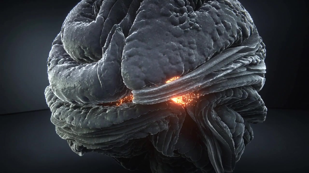 Brace interna che accende una scultura a forma di sfera stratificata, rilasciando scintille su un pavimento riflettente di una galleria.