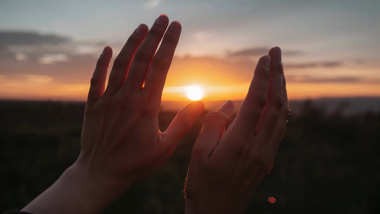 Framing adult hands moving closer at sunset as sun lowering, showing ring on right-hand ring finger