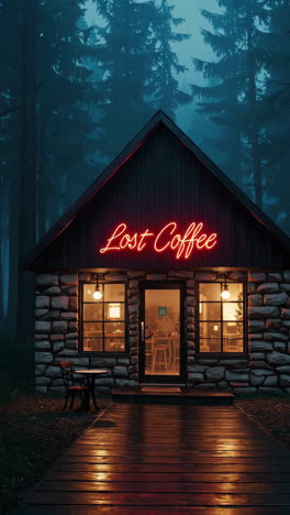 lost coffee shop in a misty forest