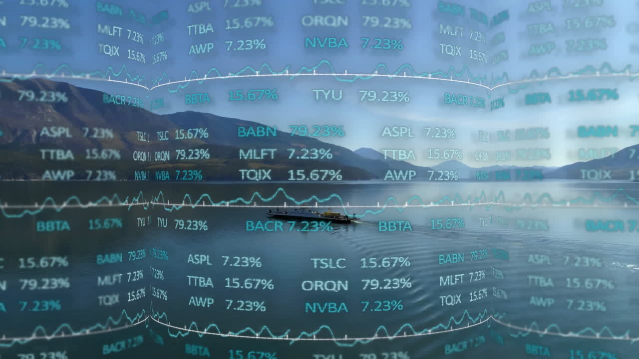 Small motorboat traversing lake in flat design, with floating stock tickers and line charts