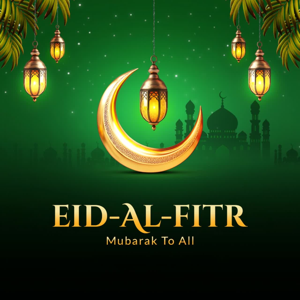 Animazione per post sui social media: auguri di Eid al-Fitr con lanterne a mezzaluna e sagoma di moschea su sfondo sfumato verde