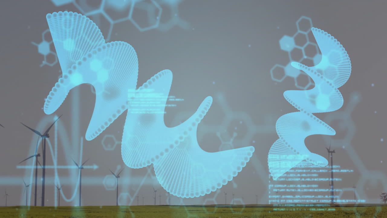 Translucent blue holographic waveforms floating over wind farm, displaying sine-wave line graph