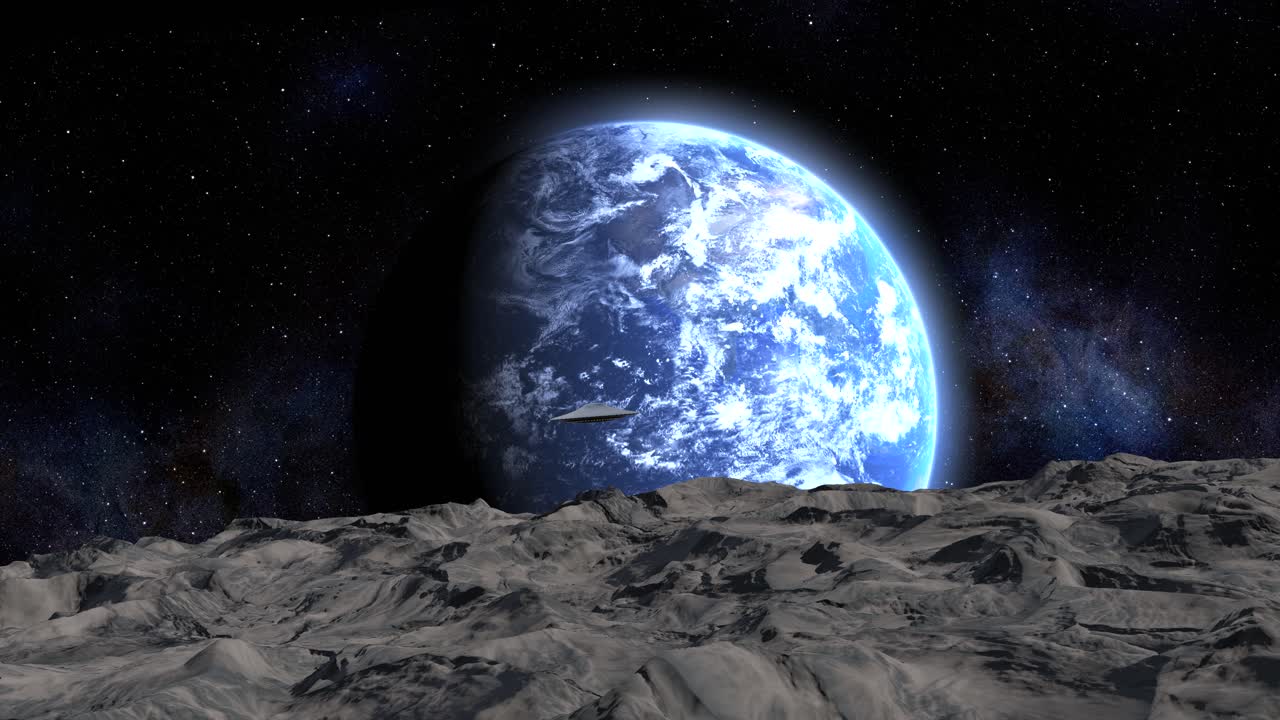UFO sopra la Luna con la Terra sullo sfondo