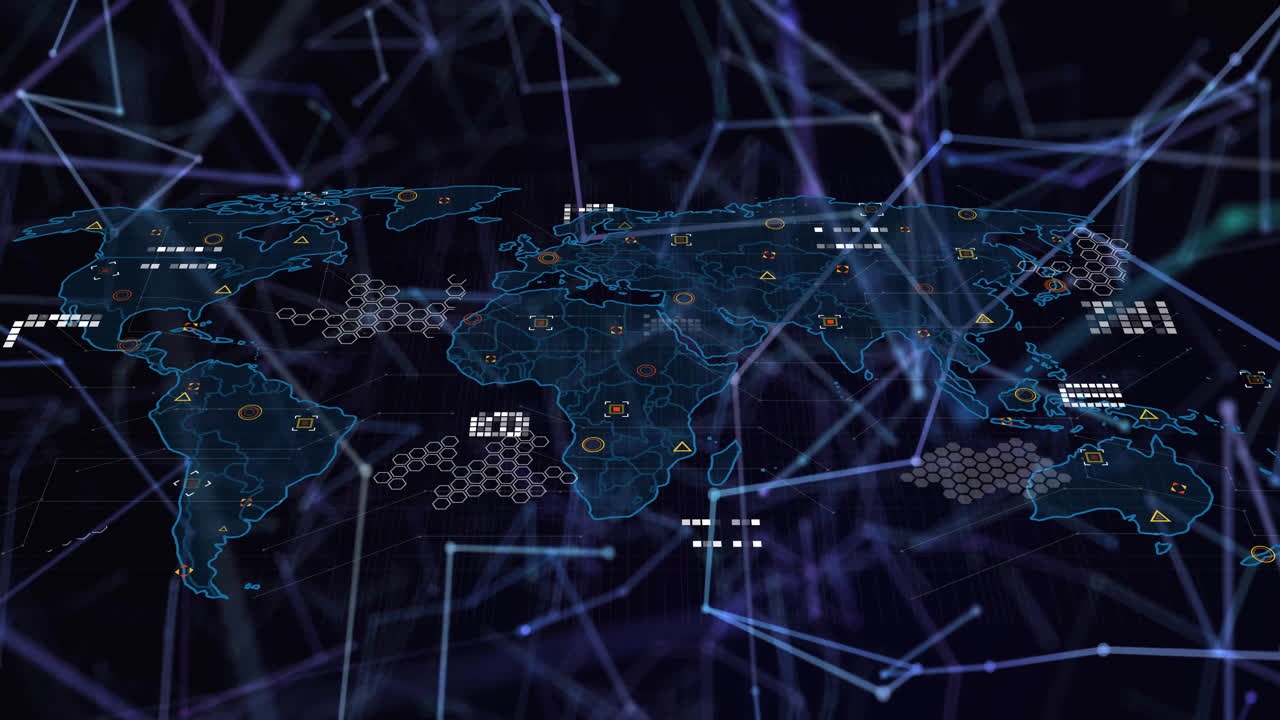 Global network connections and data processing animation over world map