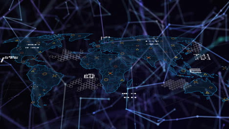 global network connections and data processing animation over world map