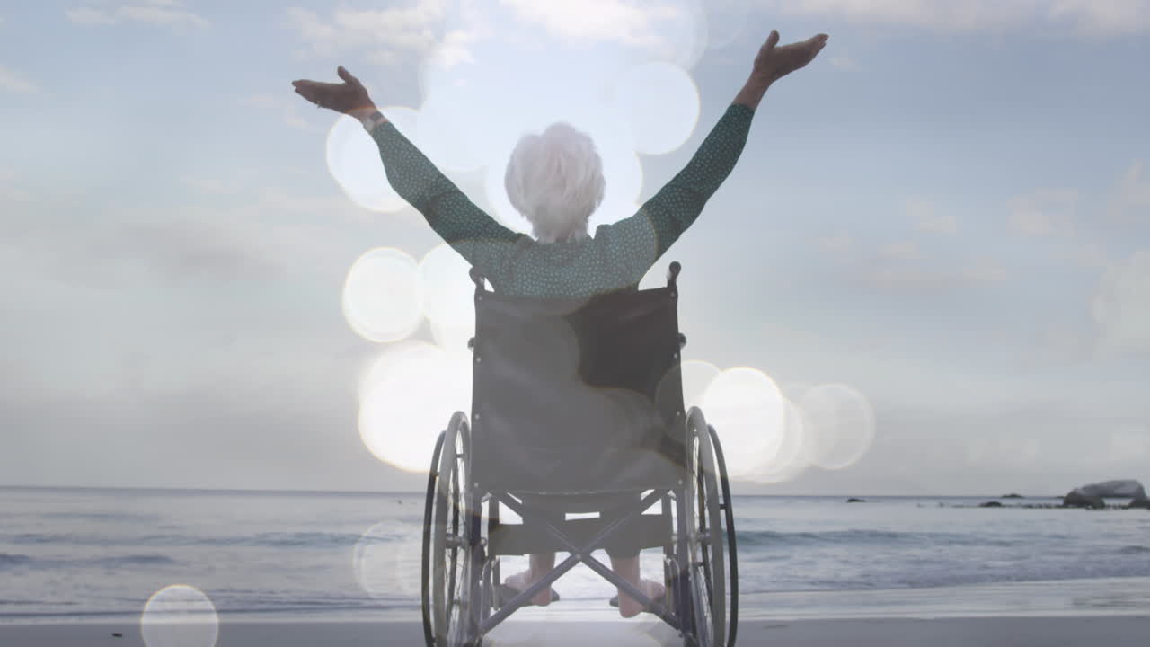 animación de puntos de luz sobre una mujer caucásica discapacitada con los brazos extendidos