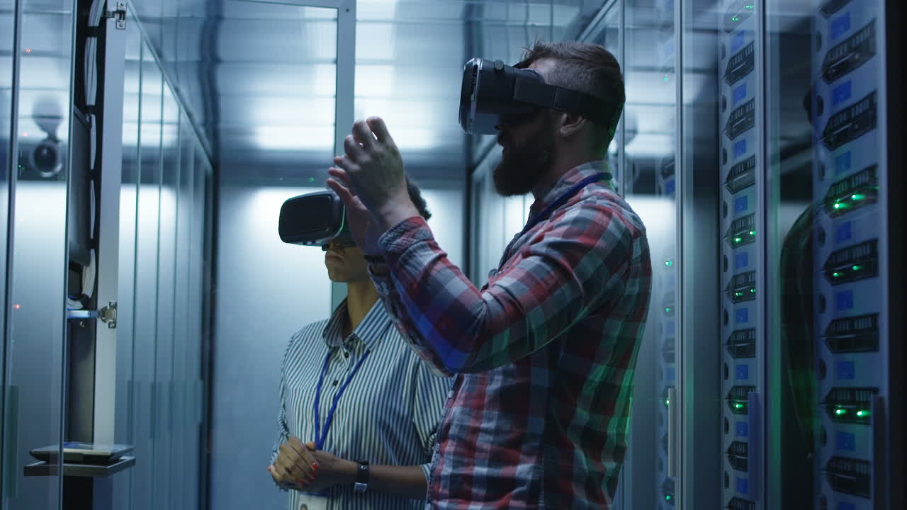 IT Professionals Using VR Headsets in a Data Center